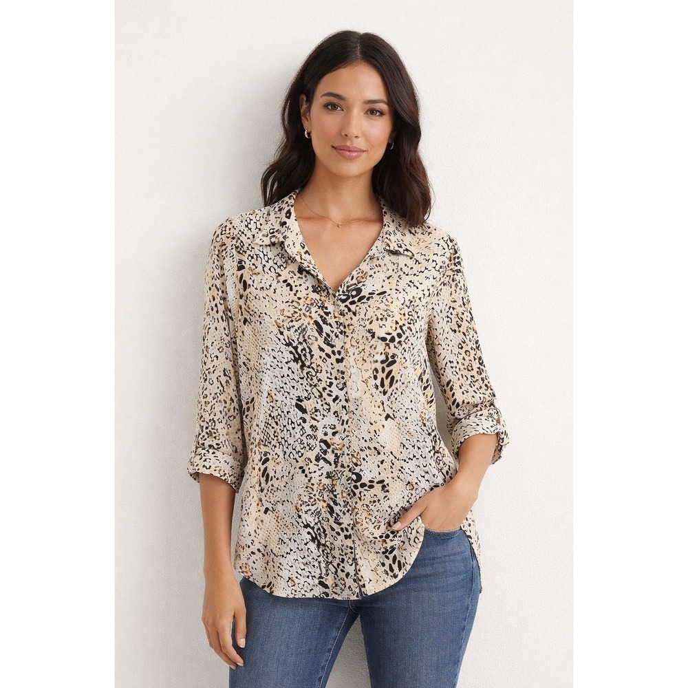 PAIGE Women Mixed Animal Print Button Up Blouse Leopard Snakeskin Tan Size S